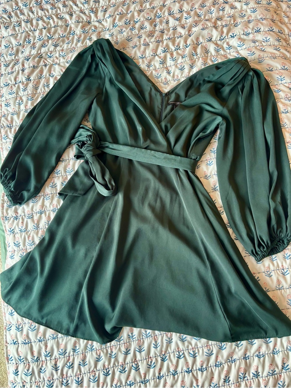 Banana Republic Emerald Green Wrap Dress with Long Puff Sleeves